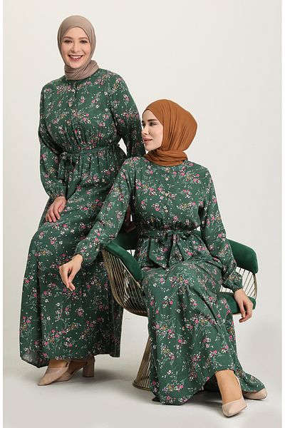sefamerve Πράσινο Φόρεμα Viscose 5068-02 - Floral Pattern