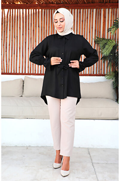 sefamerve Black Plus Size Belted Tunic - 2033-04