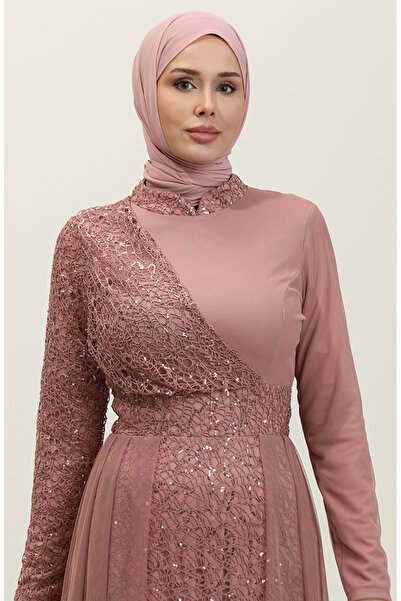 sefamerve Payetli Abiye Elbise 5345A-03 Pudra