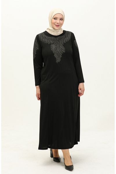 sefamerve Πέτρινο εμπριμέ μαύρο φόρεμα Plus Size - 4946-09