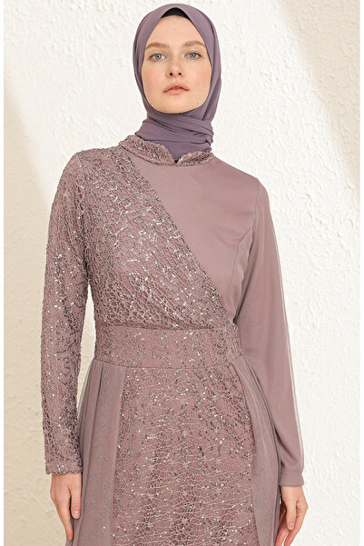 sefamerve Payetli Tül Abiye Elbise 5345-14 Lila