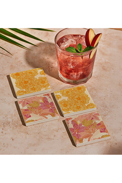 arslart مجموعة قواعد أكواب من الحجر الطبيعي بتصميم زهور صفراء ووردية للصيف مك...