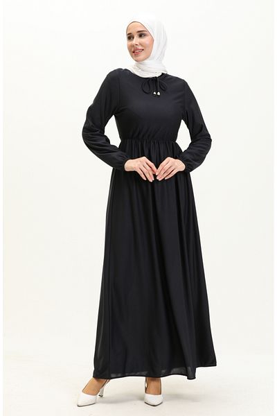 sefamerve Marineblaues Kleid mit geraffter Taille Modell 0575-04