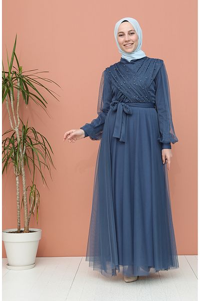 sefamerve Βραδινό φόρεμα Indigo Tulle - 81778-02 Pearls