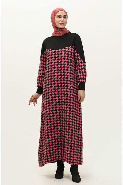 sefamerve Μαύρο ροζ φόρεμα Houndstooth - 0183-02
