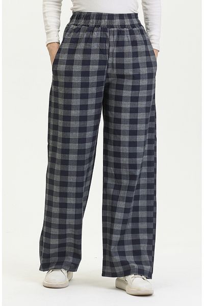 sefamerve Navy Blue Plaid Patterned Elastic Waist Jeans - 2734-02