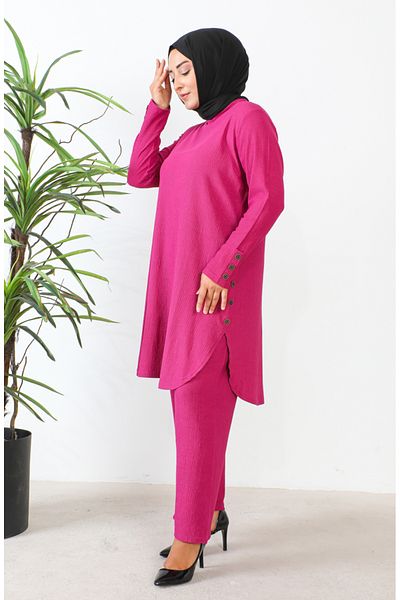 sefamerve Set de tunică și pantaloni cu strasuri de mărime mare fucsia - 2658-05