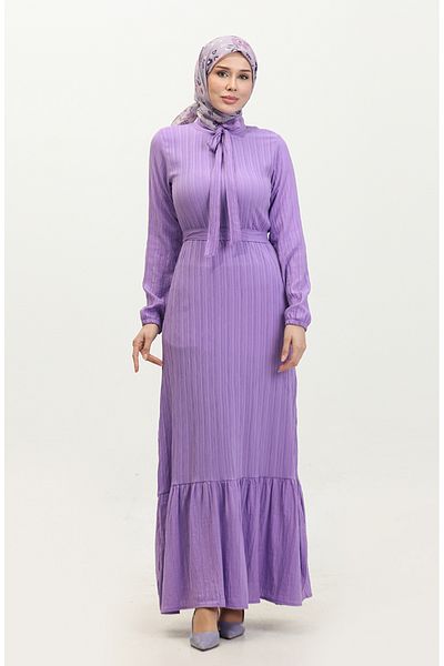 sefamerve Lilac Sare Dress with Tie Collar and Gathered Skirt - 0357-04
