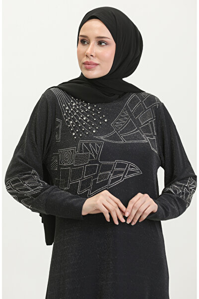 sefamerve Taş Baskılı Simli Abiye Elbise 0422-01 Füme