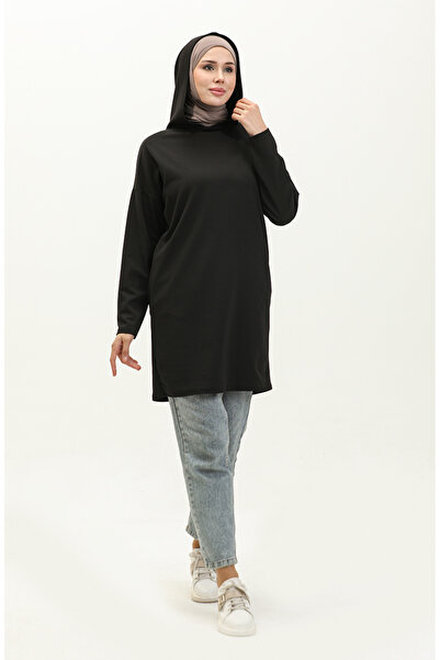 sefamerve Black Hooded Seasonal Tunic - 8655-01 Plain Design