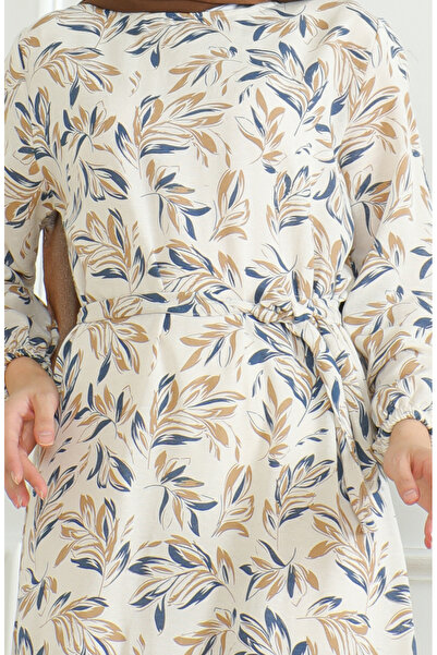 sefamerve Linen Dress 0471-01 - Patterned and Belted, Beige Navy