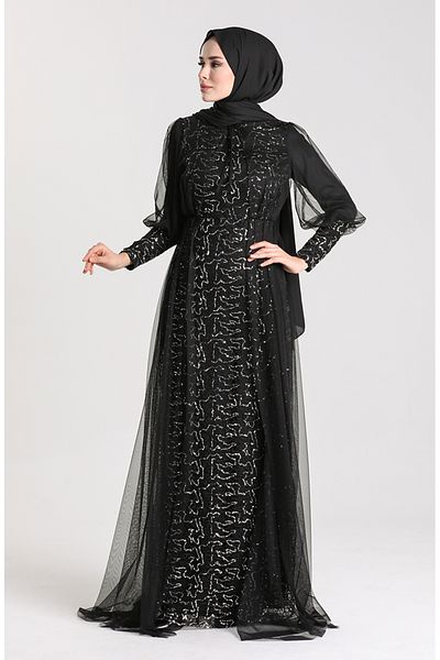 sefamerve Black Sequined Evening Dress - Silver 5346-11