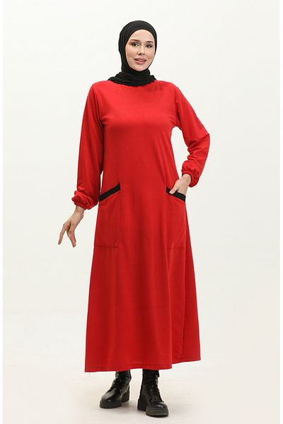 sefamerve Claret Red Φόρεμα με δύο κλωστές με τσέπες - 0274-03