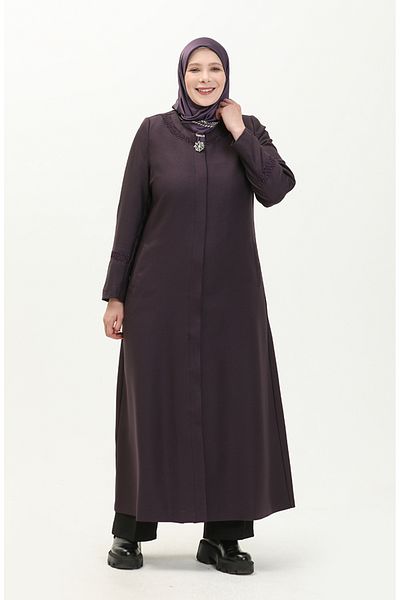 sefamerve Pardesiu Plum Plus Size cu Broșă - 0472-04