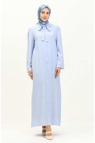 sefamerve Rochie albastră cu nasturi cu guler cravată - 5111-05
