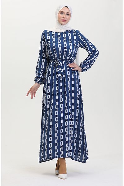 sefamerve Rochie cu mâneci elastice cu model lanț albastru - 0453-02