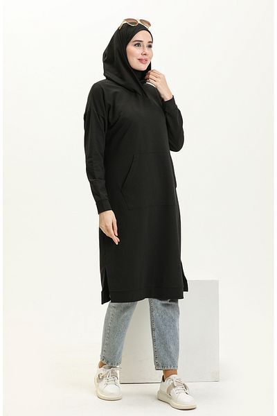 sefamerve Tunica sport cu buzunar cangur negru - 3032-01