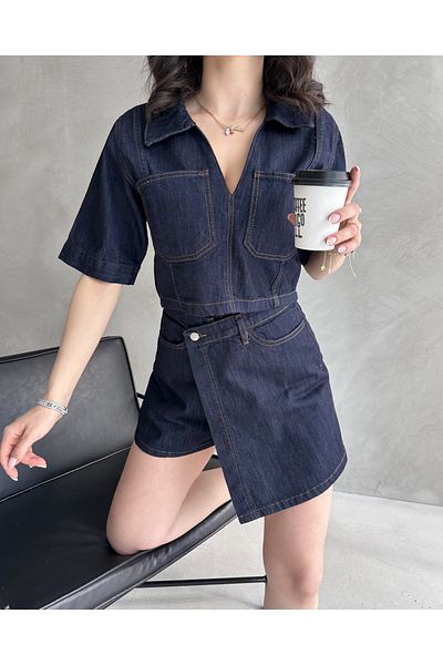 Fav Style Women's Short Sleeve Polo Neck Crop Blouse and Shorts Skirt Denim Bottom-Top Suit Navy Blue