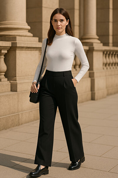 İpli Women's Black Palazzo Pants High Waist, Pockets, Velcro Closure