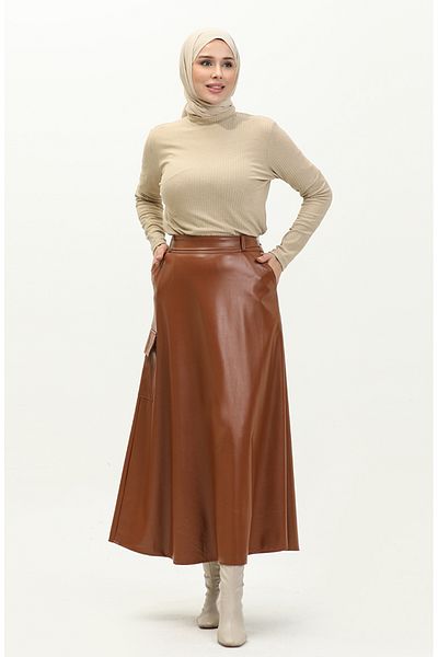 sefamerve Tan Faux Leather Pocket Φούστα - 24K1040-02