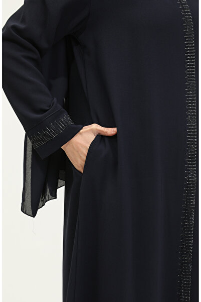 sefamerve Navy Blue Stone Printed Large Size Ferace - 5067-02