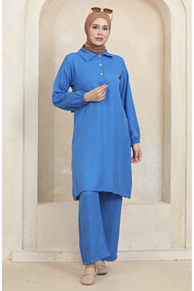 sefamerve Gömlek Yaka Tunik Pantolon İkili Takım 1003-01 Mavi