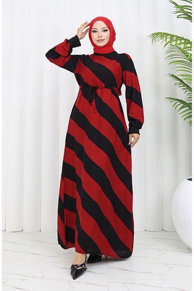sefamerve Γεωμετρικό Φόρεμα με Ζώνη Βισκόζης - Claret Red Black 0460-08