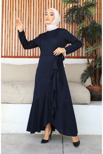 sefamerve Φόρεμα Navy Blue Flounced Side Tie - 1907-01