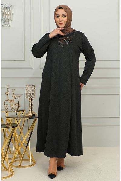 sefamerve Plus Size Μαύρο Πλεκτό Φόρεμα με Λεπτομέρεια Κεντήματος - 4878-01