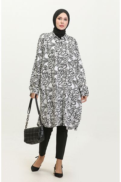 sefamerve 2022F-02 Patterned White Large Size Shirt Tunic