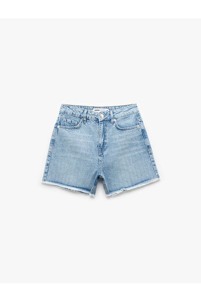 Koton Stone Detailed High Waist Fringed Leg Cotton Mini Denim Shorts