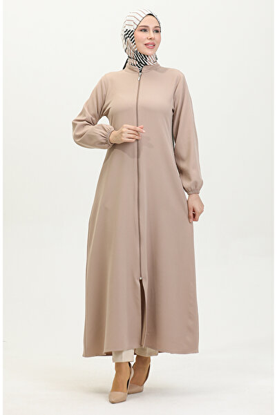 sefamerve Kol Ucu Lastikli Fermuarlı Düz Ferace 1013-02 Vizon