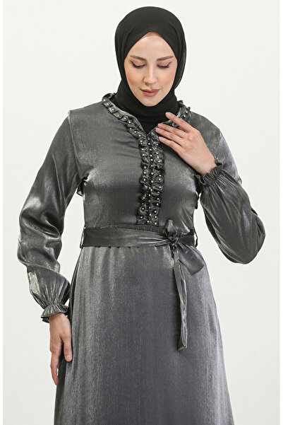 sefamerve Silver Colored Glittery Linen Belted Dress - 81863-05