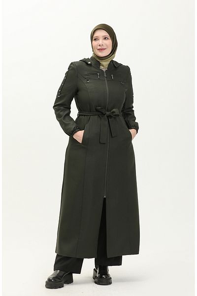 sefamerve 0478-04 Pardesiu model kaki - Plus Size, cu glugă și fermoar