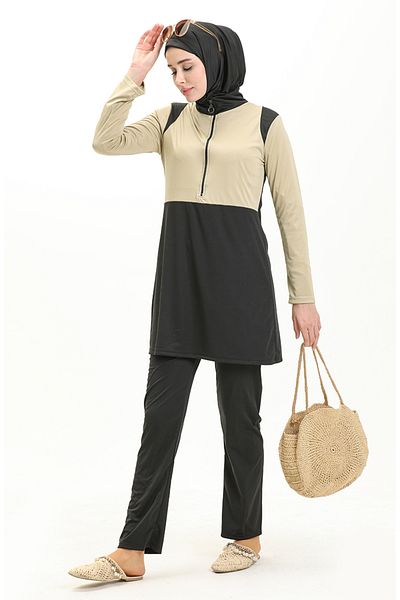 sefamerve Stone Black Hijab-Badeanzug mit Reißverschluss – 2317-02