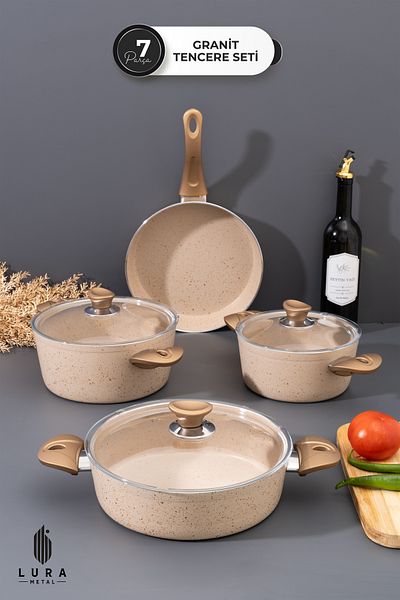 Skygo 7 Piece Ewx Bakelite Handle Cream Granite Cookware Set - 26 cm