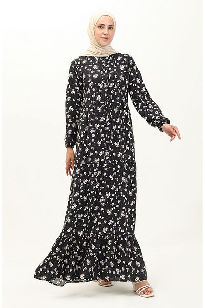 sefamerve Μαύρο Φόρεμα Βισκόζης - Floral Print, Μοντέλο 0118-02