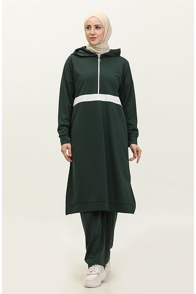sefamerve Emerald Green Hooded Double Suit - 3020-05 με φερμουάρ