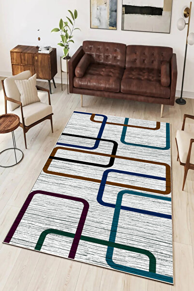 Hülya Home Salon Halısı Geometrik İskandinav Eskitmeli Dijital Baskı Yıkanabi...
