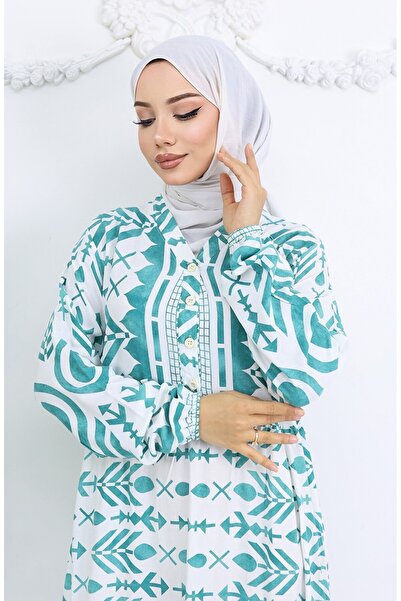 sefamerve Half Button Viscose Patterned Dress 0026-01 Green White