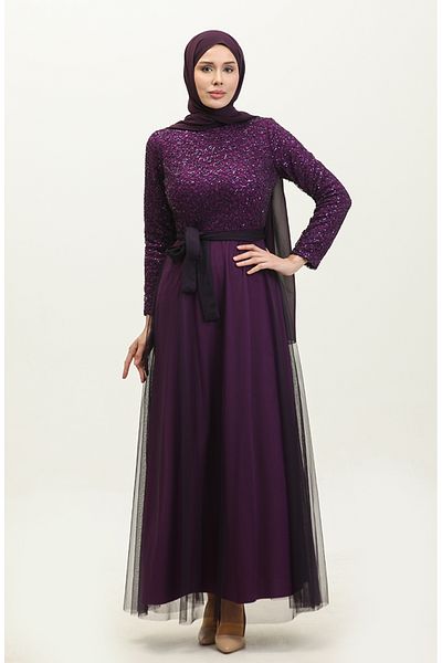 sefamerve Rochie de seară mov cu dantelă - 5353A-08