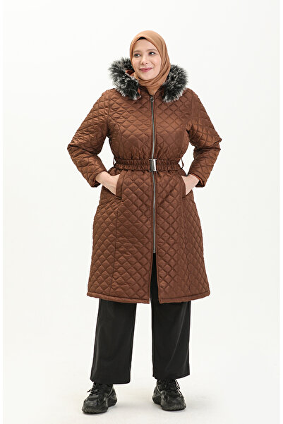 sefamerve Tan 6047-06 Large Size Fur Quilted Coat