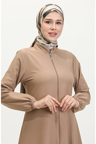 sefamerve Kol Ucu Lastikli Fermuarlı Düz Ferace 1013-04 Bej