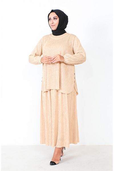 sefamerve Σετ δύο τεμαχίων Plus Size - Πλισέ χιτώνα και φούστα 2606-06 ανοιχτό μπεζ