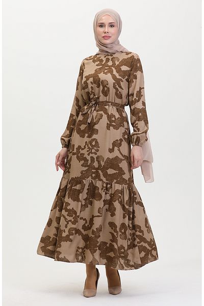 sefamerve Mink Brown Patterned Skirt Gathered Dress - 0451-04