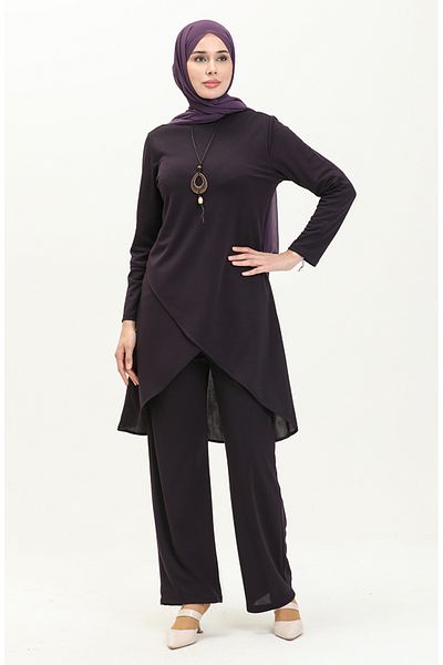 sefamerve Lila Tunika- und Hosen-Set mit Halskette – 0704-05
