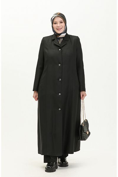 sefamerve Large Size Black Overcoat - Neck Buttoned and Lined 0422-01