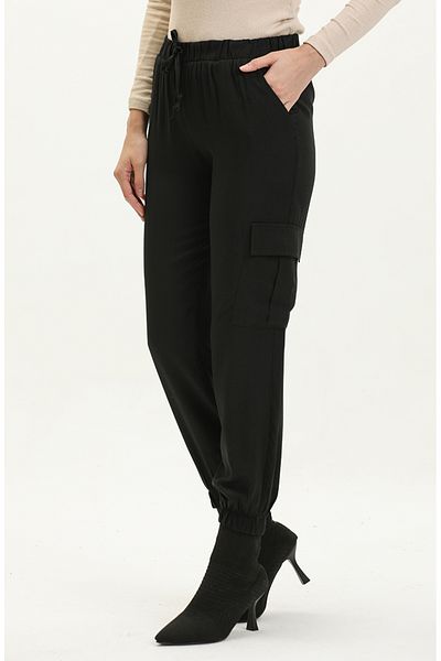 sefamerve Black Elastic Waist Cargo Pants - 1147A-02