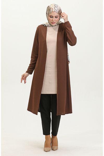 sefamerve 8727-05 Model Plain Draped Brown Long Cardigan