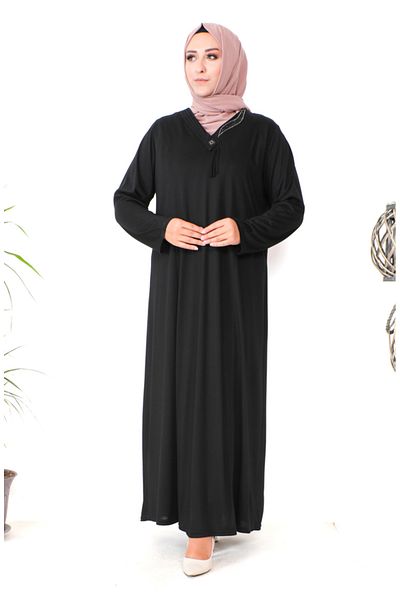 sefamerve Μαύρο χτενισμένο βαμβακερό φόρεμα Stone Printed Plus Size - 4932-01